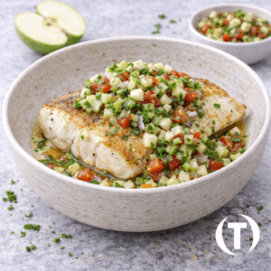 Dos de merlu, vierge de légumes et pomme verte