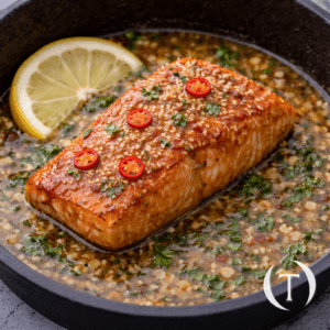 Pavé de saumon laqué au miel et curry rouge