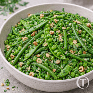 Poêlée d’haricots verts, pois gourmands, petits pois, noisette